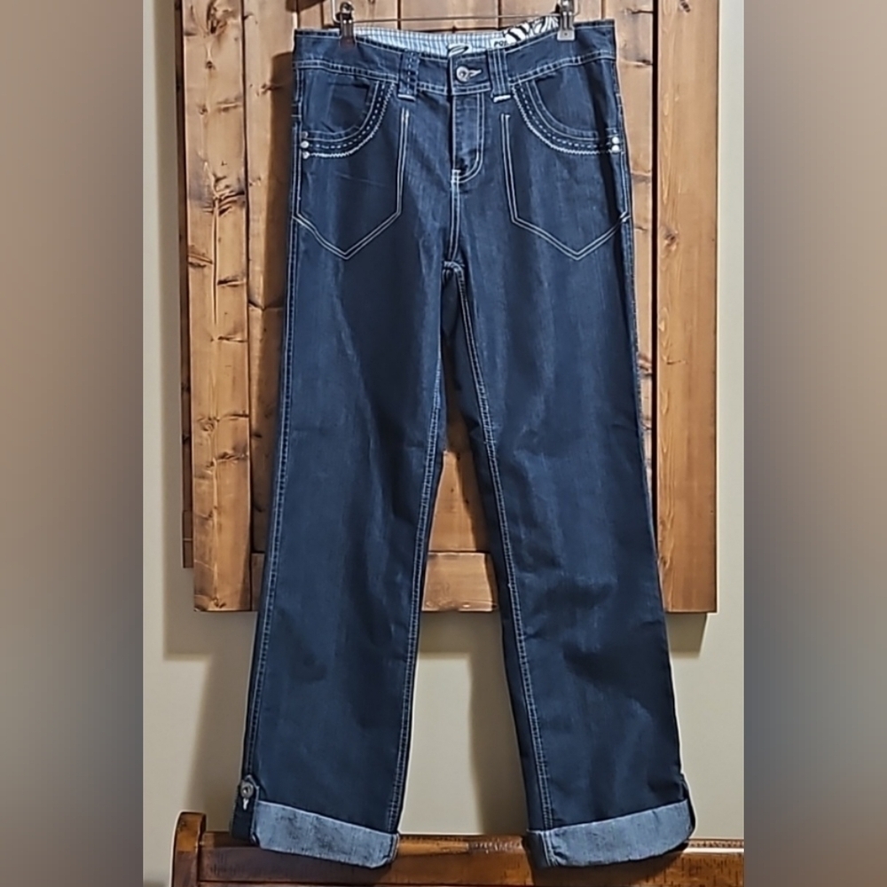 Point Zero Blue White Stitch Button Cuff Y2K Straight Leg Women's Jeans Size 7